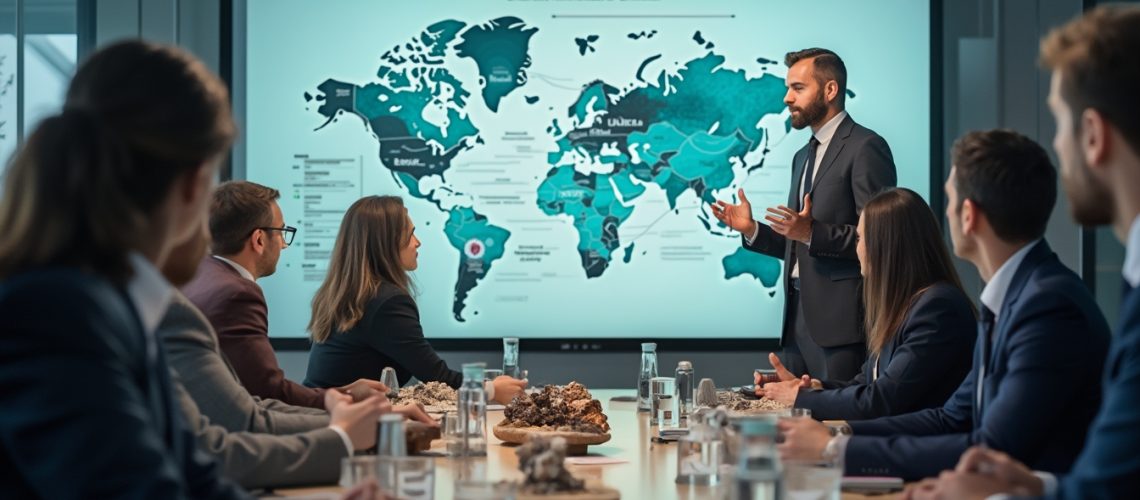 Business meeting with a world map presentation; people in suits listening attentively.