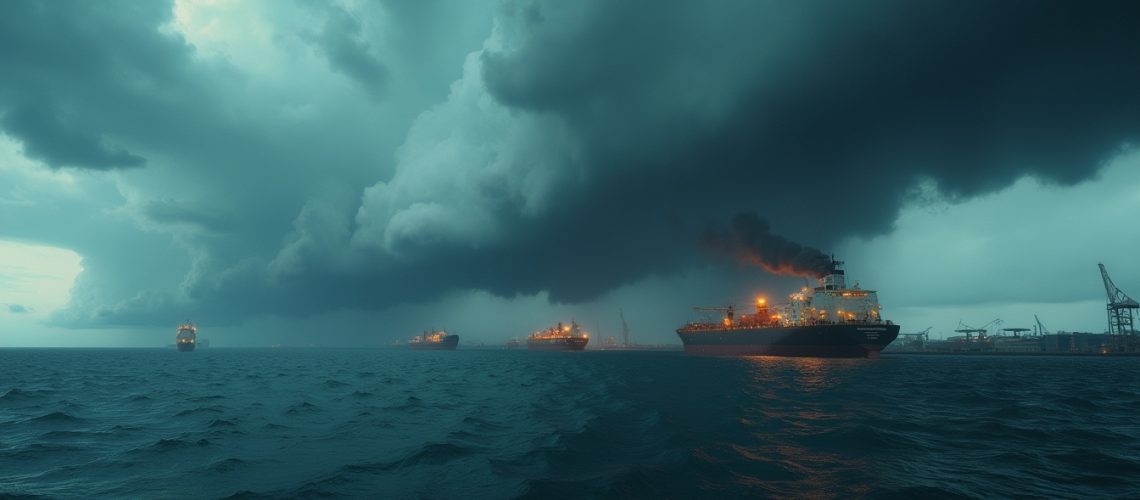 Cargo ships in a stormy sea under dark, dramatic clouds.