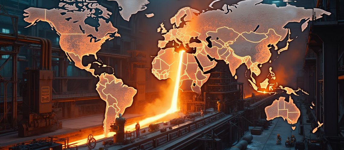 World map overlay on a fiery industrial factory scene.