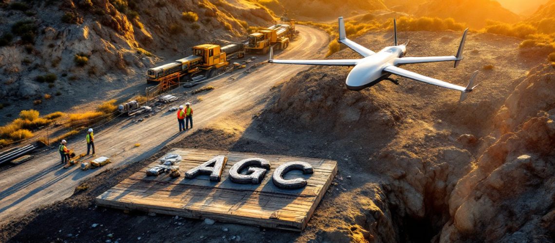 Australian Gold and Copper Ltd-AGC-Drone flying over a construction site in a rocky, sunlit landscape, workers in high-visibility vests.