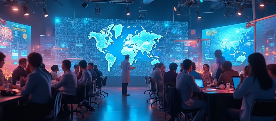 Conference room with people discussing around tables, large digital world map displayed on the wall.