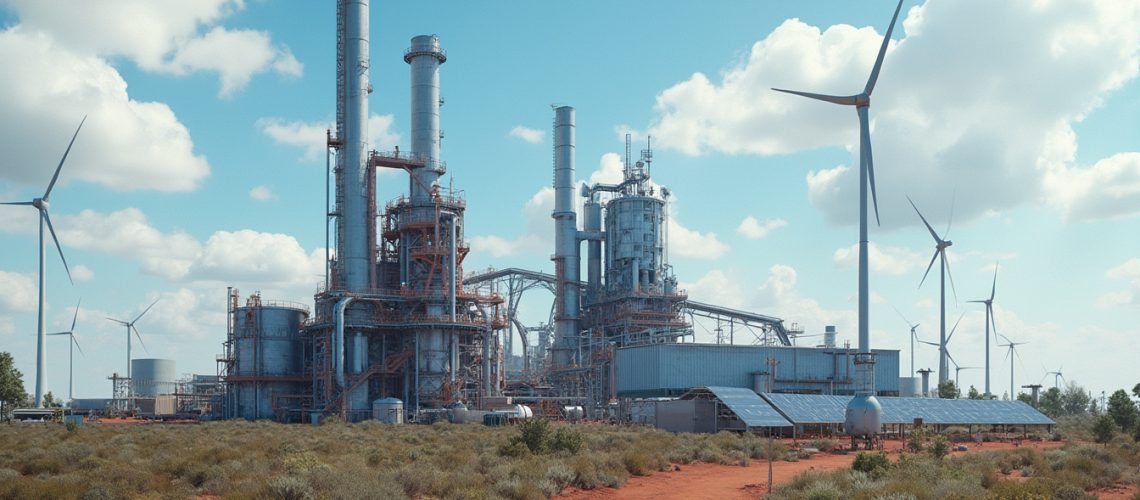 Industrial facility with wind turbines in a desert landscape under a cloudy sky.