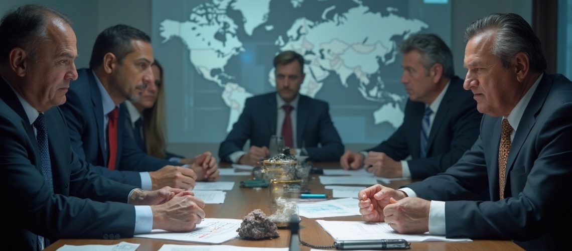 Boardroom meeting with executives discussing, world map displayed in the background.