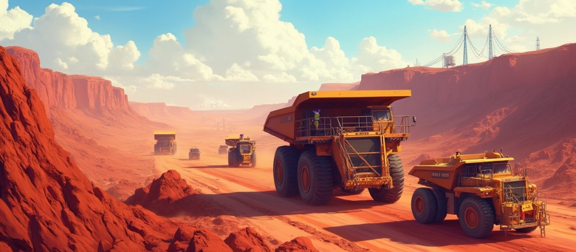 Mining trucks on a dusty desert road under a bright sky with scattered clouds.