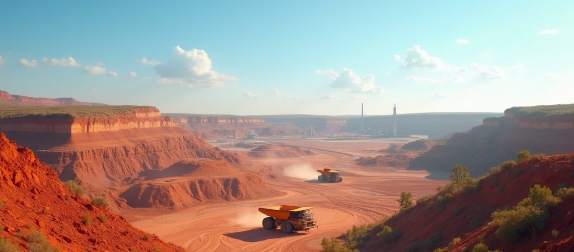 Desert quarry with red cliffs, two large trucks, and distant industrial structures under a clear sky.