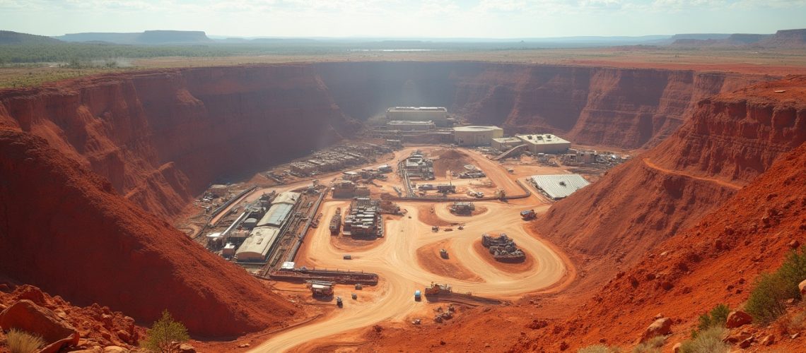 Aerial view of a large, open-pit mine with red earth and machinery under a blue sky.