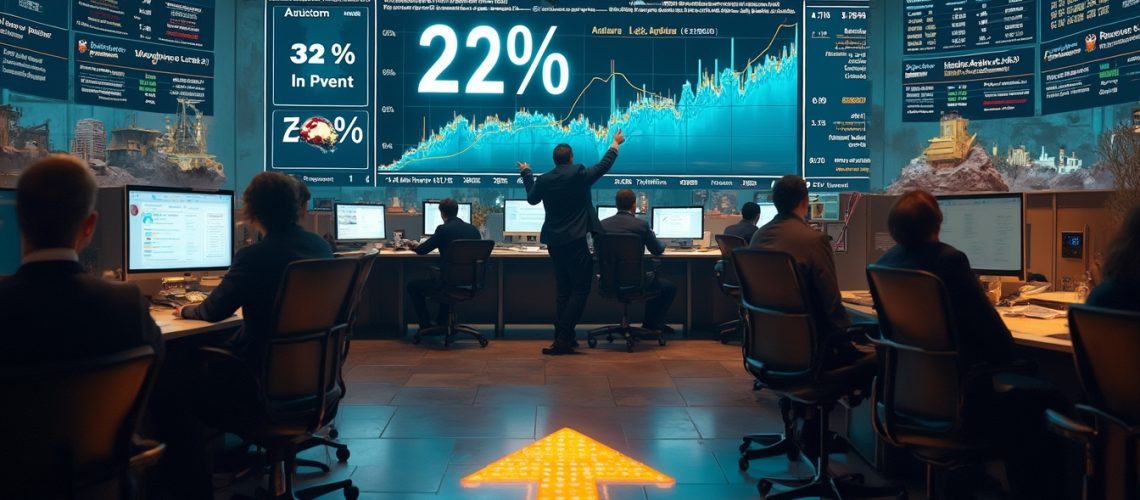 People analyzing data on large screens in a control room with a glowing arrow on the floor.