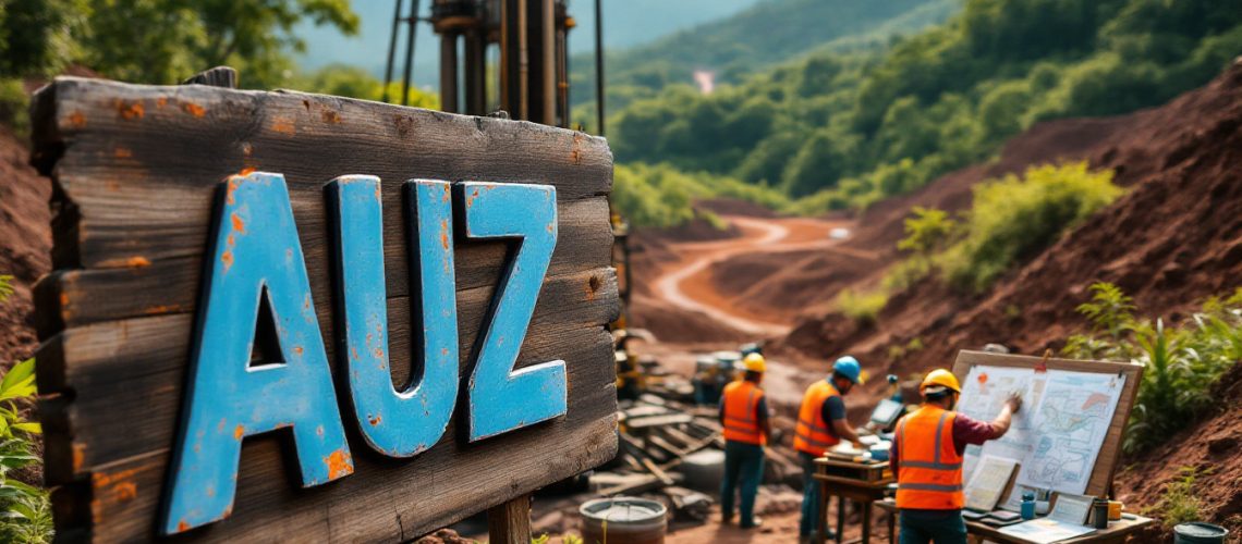 Australian Mines Ltd-AUZ-Wooden sign with "AUZ" beside workers and equipment in a lush, hilly construction site.