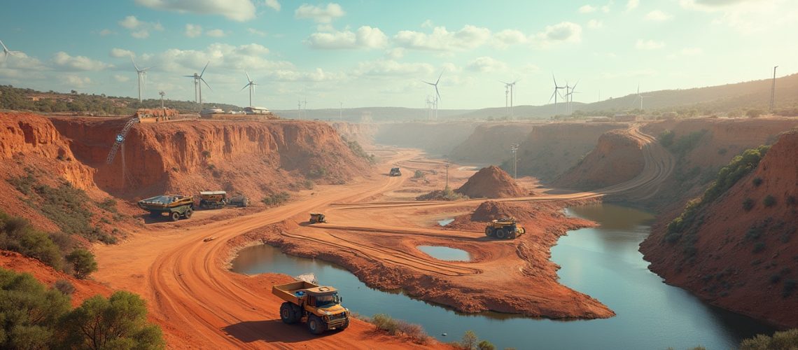 Open-pit mine with trucks, red earth, and wind turbines under a cloudy sky.