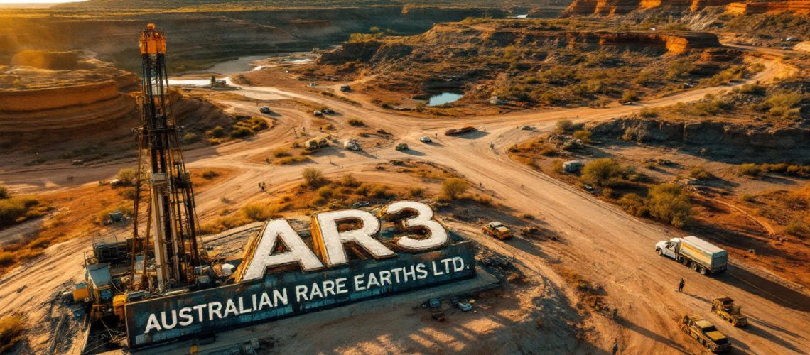 Australian Rare EARTHS Ltd-AR3-Desert landscape with a drilling rig labeled "AR3 Australian Rare Earths Ltd." in sunlight.