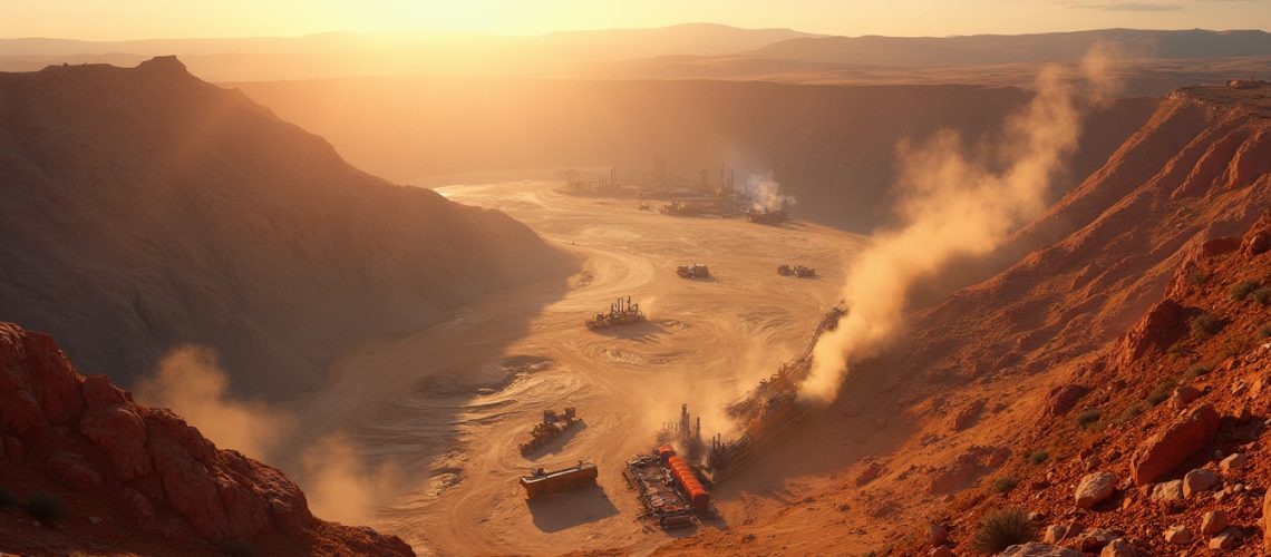 Sunset over a vast desert mining site, with machinery and dust rising in the arid landscape.