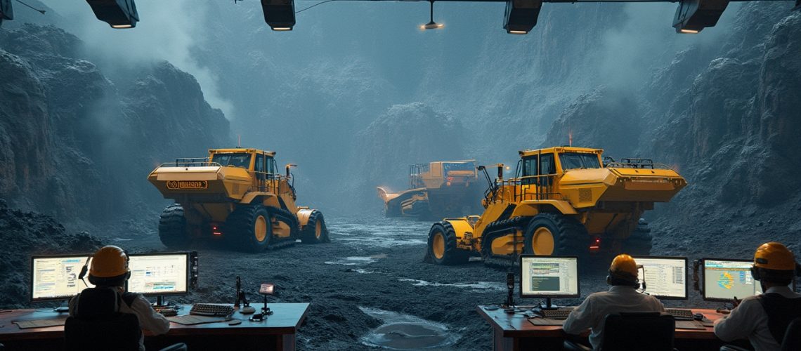 Control room overseeing yellow construction vehicles in an underground mine.