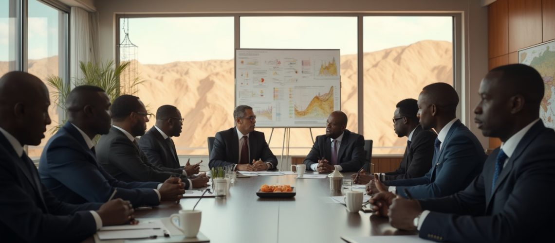 Business meeting in a conference room with charts on a whiteboard and mountains in the background.