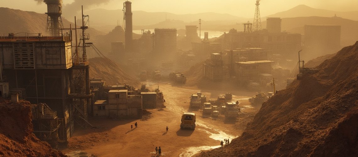 Industrial landscape with heavy smog, smokestacks, and vehicles under an orange, hazy sky.