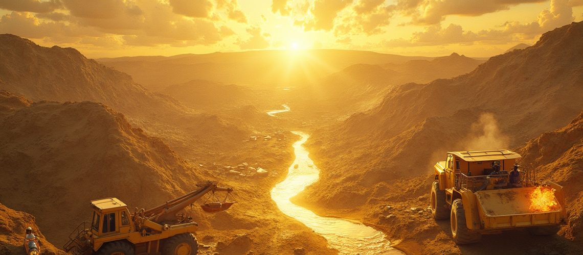 Sunset over a rugged valley with construction vehicles and a winding river.