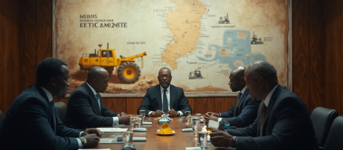 Business meeting with six men at conference table, map and bulldozer image on wall behind them.