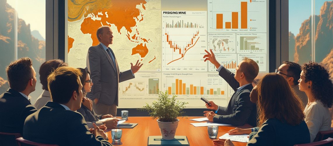 Business meeting with charts and graphics displayed on a screen in a conference room.