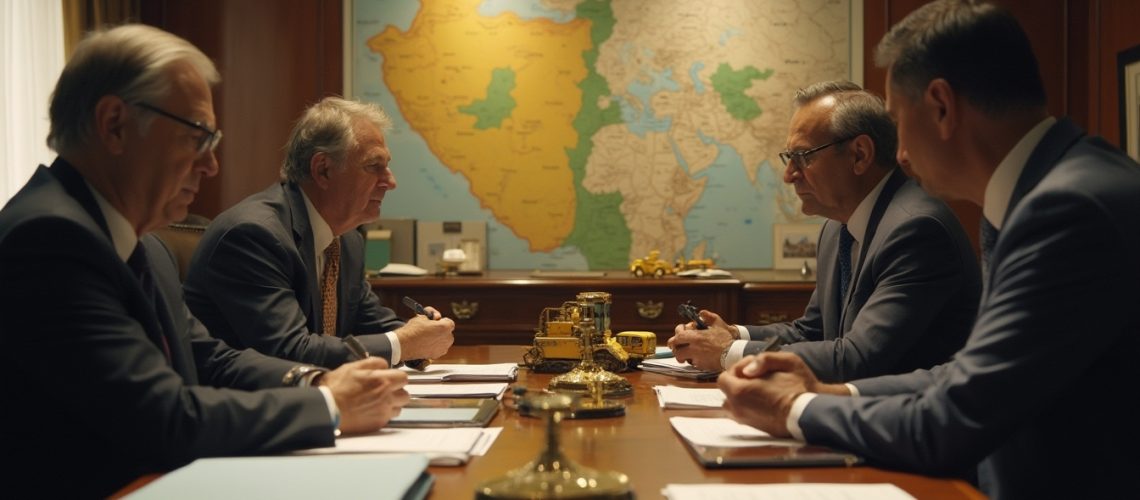 Four men in suits having a meeting at a conference table with a map in the background.