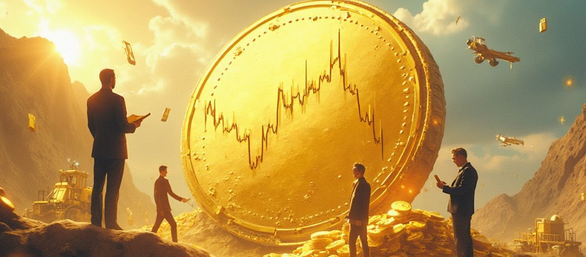 Giant gold coin with stock chart surrounded by people and gold stacks in a futuristic setting.