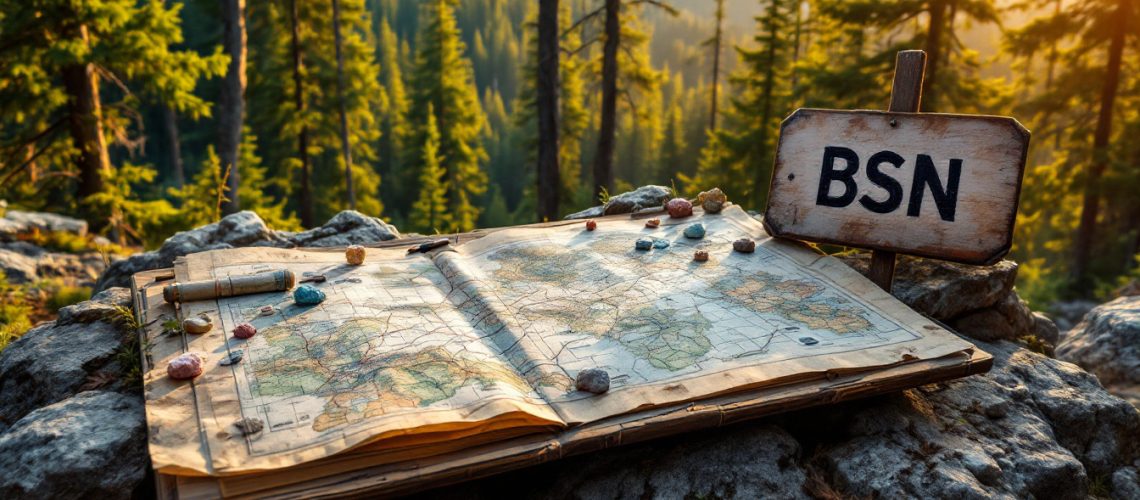 Basin Energy Ltd-BSN-Open map on rocks with colorful stones, wooden sign reading "BSN," and forest background.