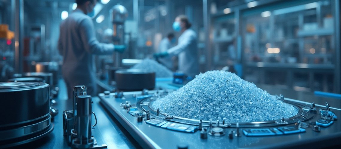 Lab workers in masks examine crystals on a futuristic table with blue lighting.