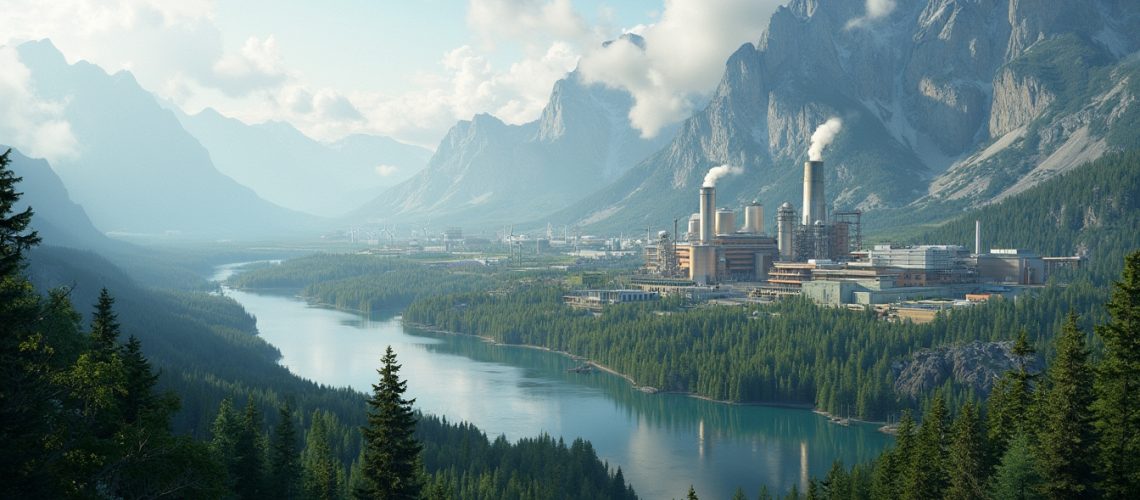 A factory emits smoke near a tranquil river, surrounded by pine forests and towering mountains.