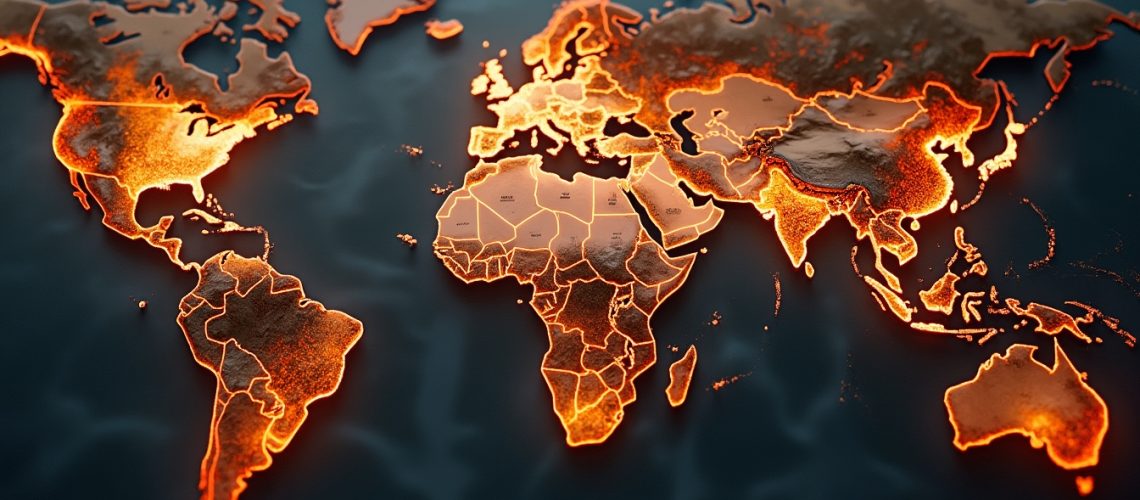 World map with glowing orange continents on a dark background.