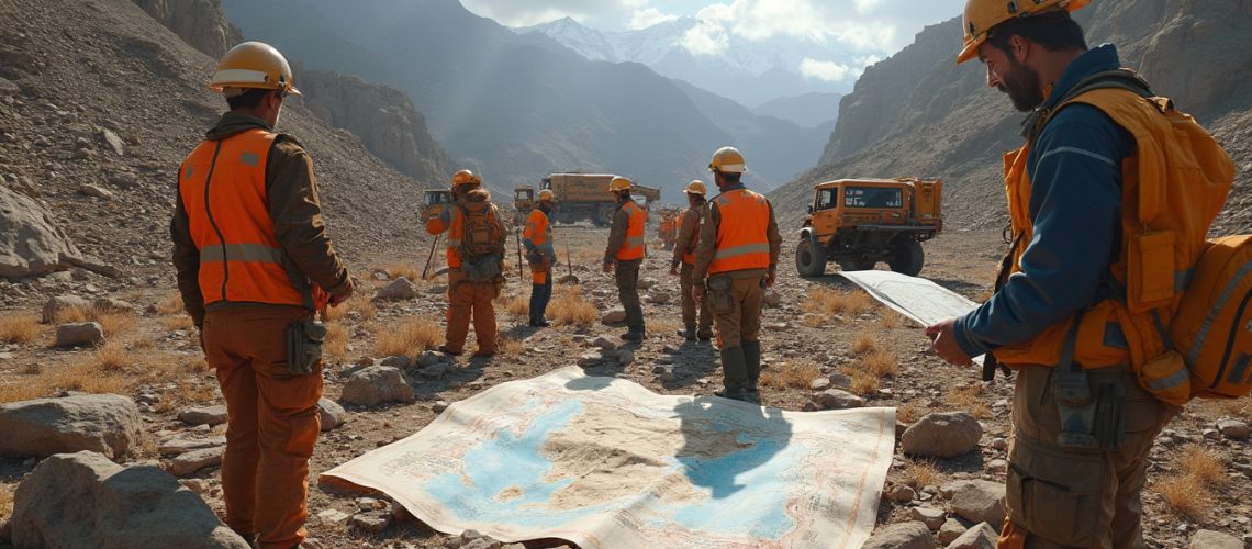 Exploration team examining map in Zambia.