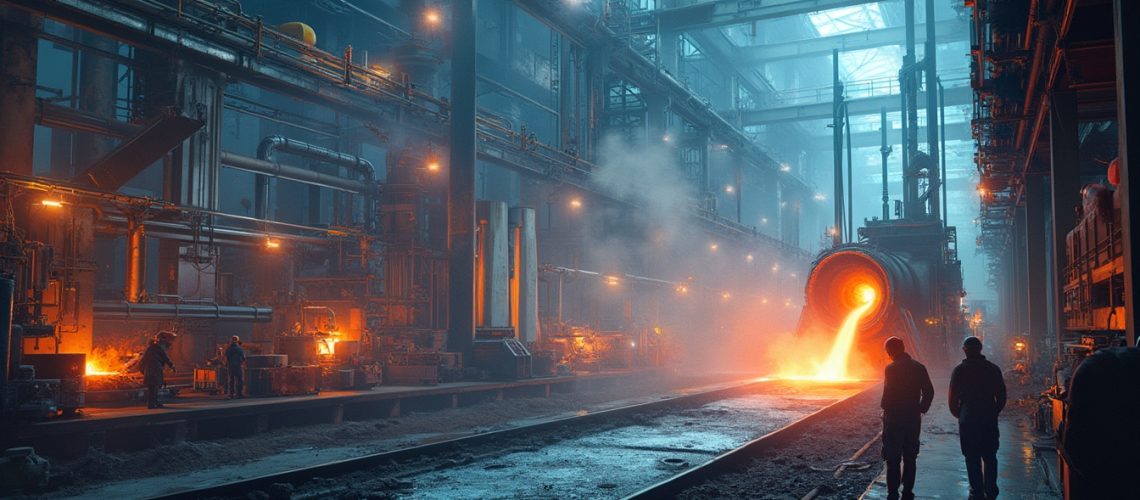 Molten steel pouring in a dimly lit industrial factory setting with workers nearby.