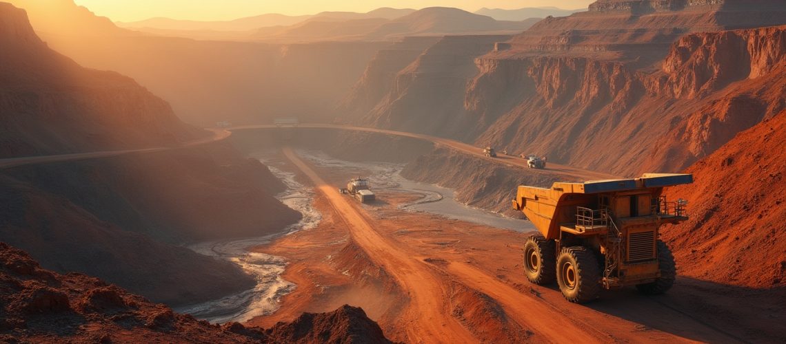 Large dump truck on a dirt road in a vast, scenic open-pit mine under a warm sunset.