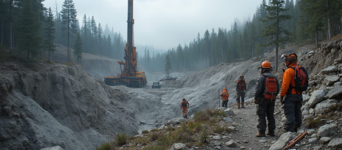 Mining site with heavy equipment and workers.