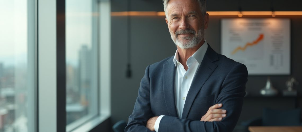 Man in a suit smiling confidently in a modern office with a window and chart in the background.