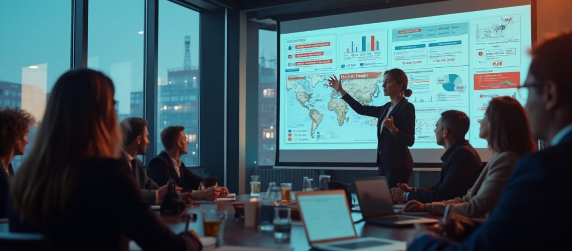 Person presenting data on a screen to a group in a modern conference room.