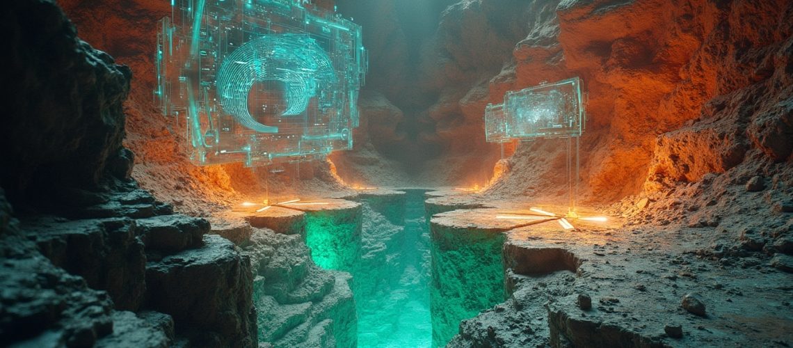 Futuristic cave with digital displays.