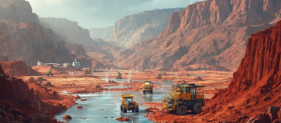 Red desert landscape with rain and construction vehicles near a reflective water surface.