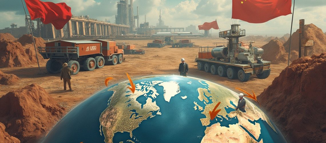 Construction site with trucks, flags, and a globe depicting global trade with orange arrows.