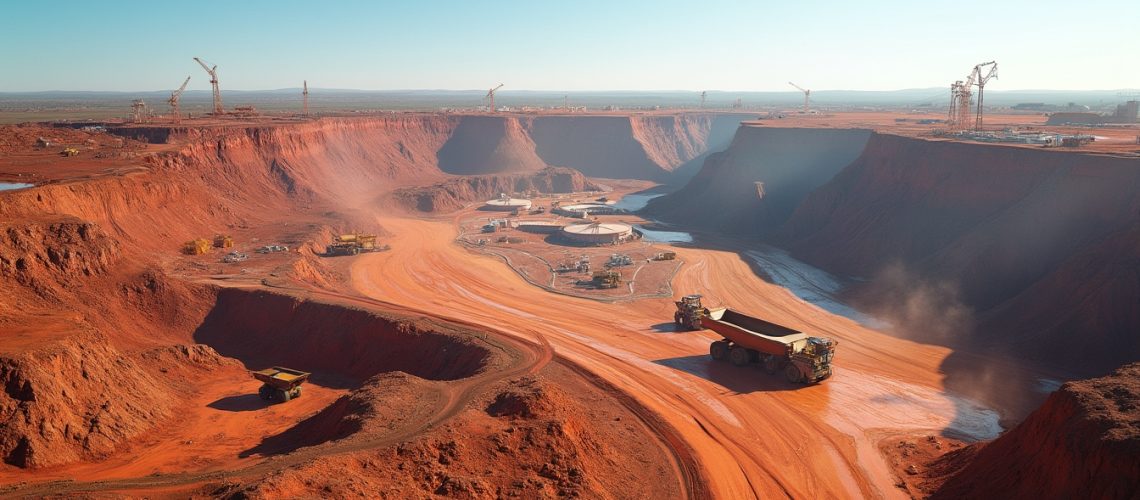 Open-pit mine with red earth, heavy machinery, and cranes under a clear blue sky.