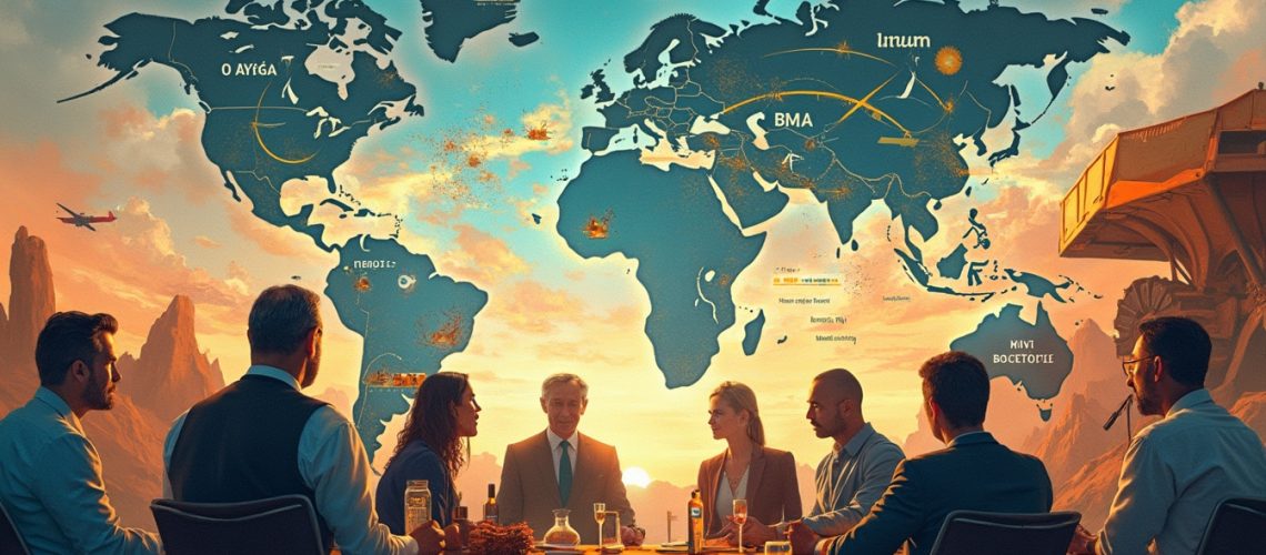 Group meeting at a table with a world map background at sunset.