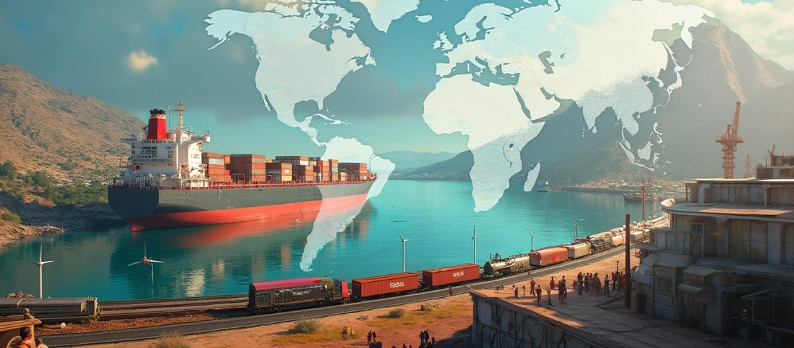 Cargo ship with containers at port, overlaid world map, mountains and people nearby.