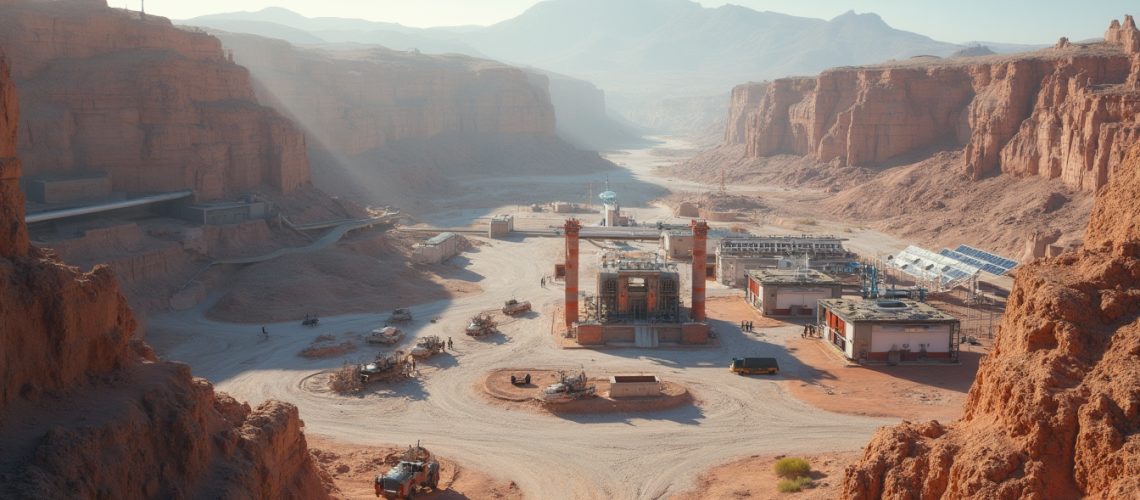 Desert landscape with a futuristic facility surrounded by rugged cliffs and solar panels.