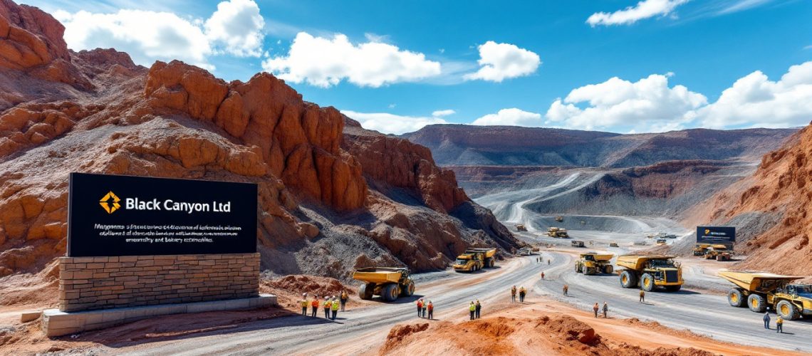 Black Canyon Ltd-BCA-Mining operation with trucks, workers, and a large sign for Black Canyon Ltd in a red rocky landscape.