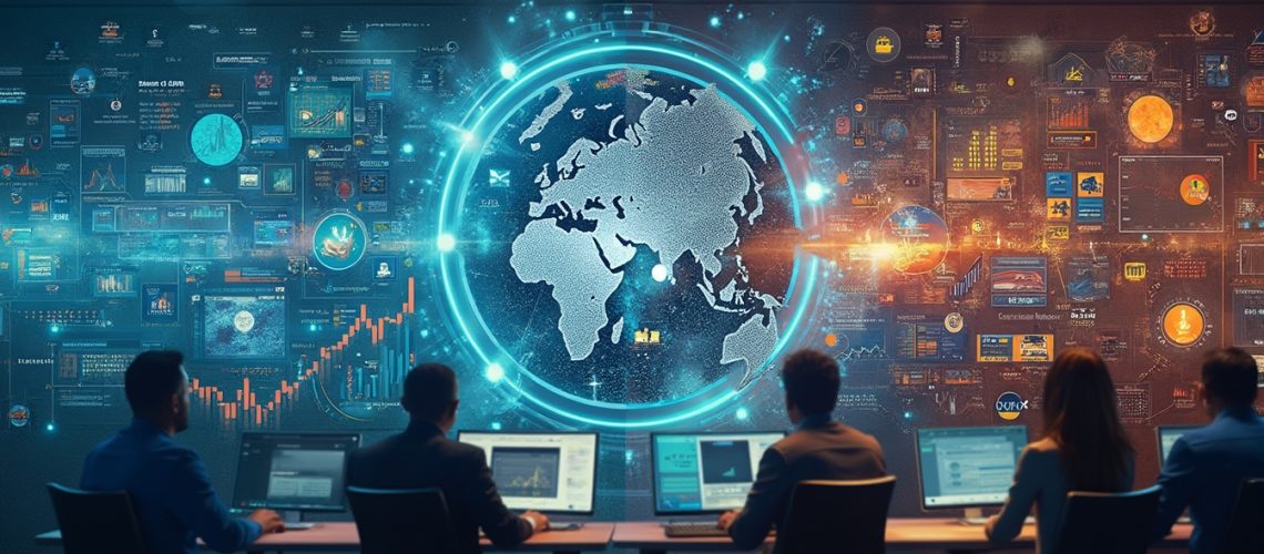 Team analyzes global data on multiple computer screens in a high-tech control room.