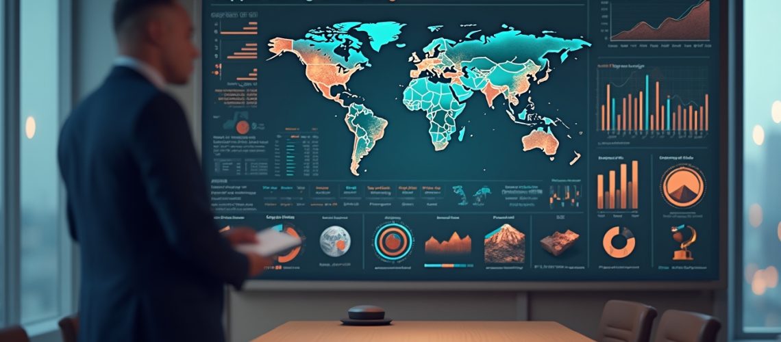 Man in business suit looking at a screen displaying world maps and various charts in a conference room.