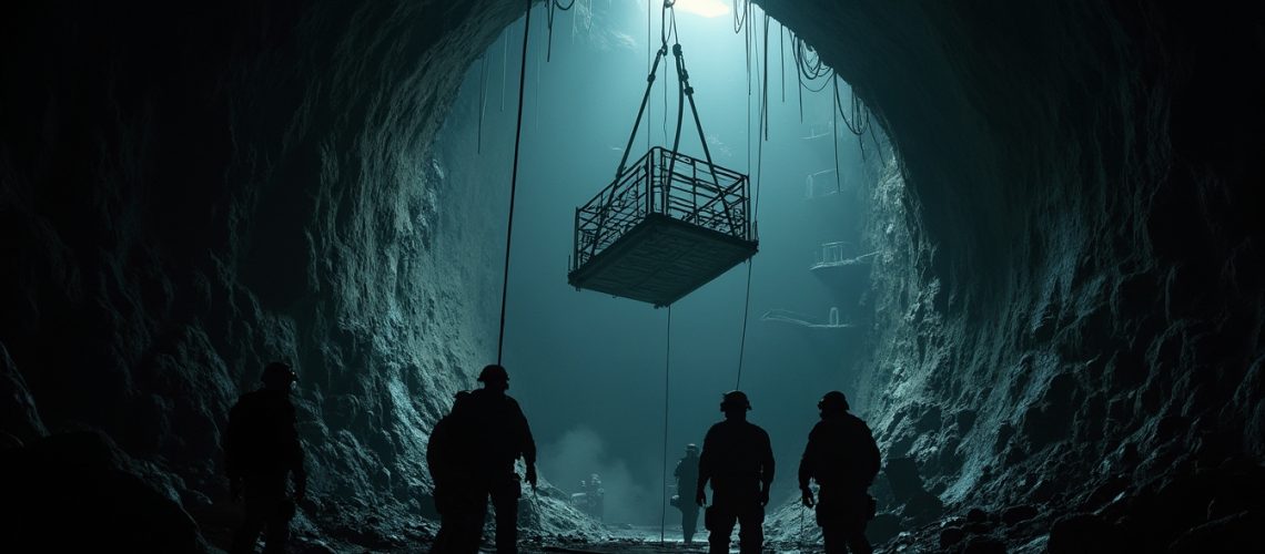 Workers in a dimly lit cave watch a platform being lowered from above.