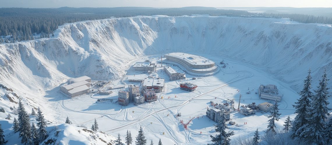 A snowy facility nestled in a large crater surrounded by a forest.