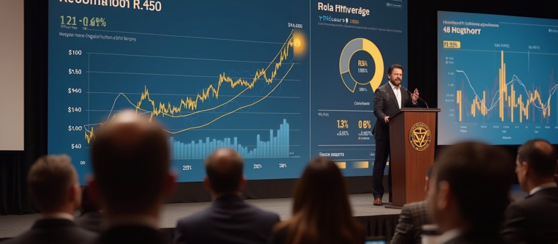 Speaker presenting financial graphs to an attentive audience in a conference setting.