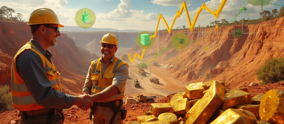 Two engineers handshake at a mining site, with gold bars and upward financial graphics in the foreground.