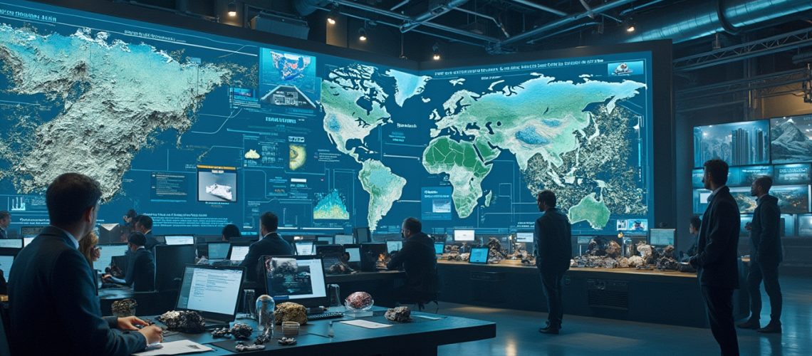 Control room with people analyzing digital world maps and data on large screens.