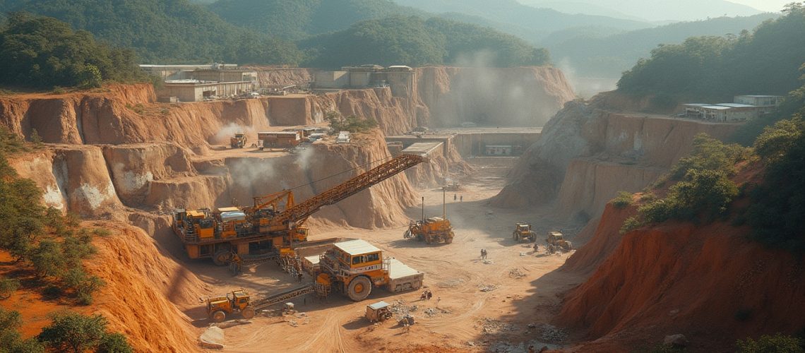 Aerial view of a bustling mining site with heavy machinery and terraced red dirt landscape.