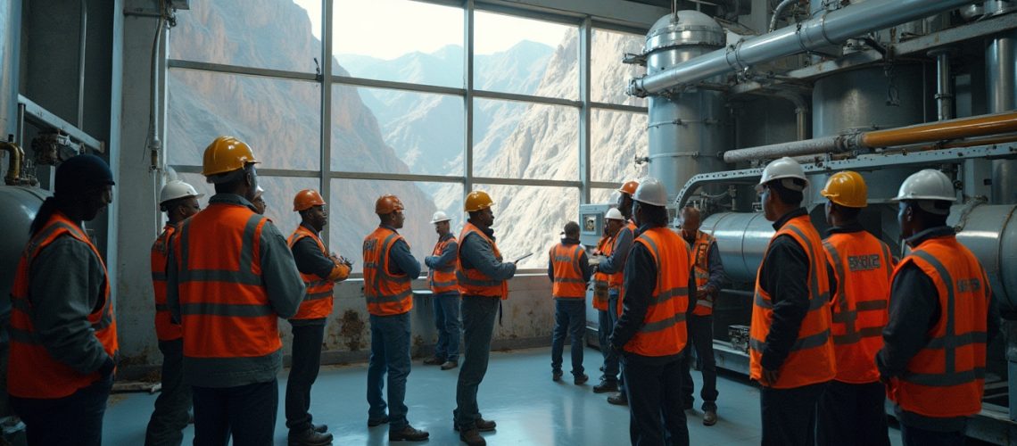 Workers in safety gear having a meeting inside an industrial facility with mountain views outside.